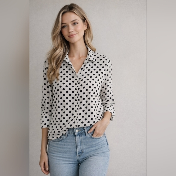 mandee Tops - Mandee White & Black Polka Dot Button-Down Blouse | Collared | 3/4 Sleeves | M